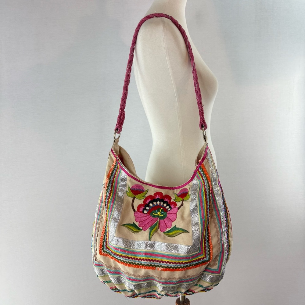ALDO Cotton Canvas Embroidered Floral and Beaded Tote Bag